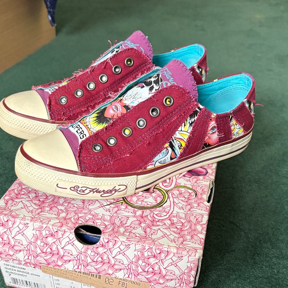 Ed Hardy Burgundy Canvas Sneakers